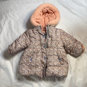 Kensie Girl Baby Floral Puffer Jacket 12M Pink Peach Blue Flowers Faux Fur Hood